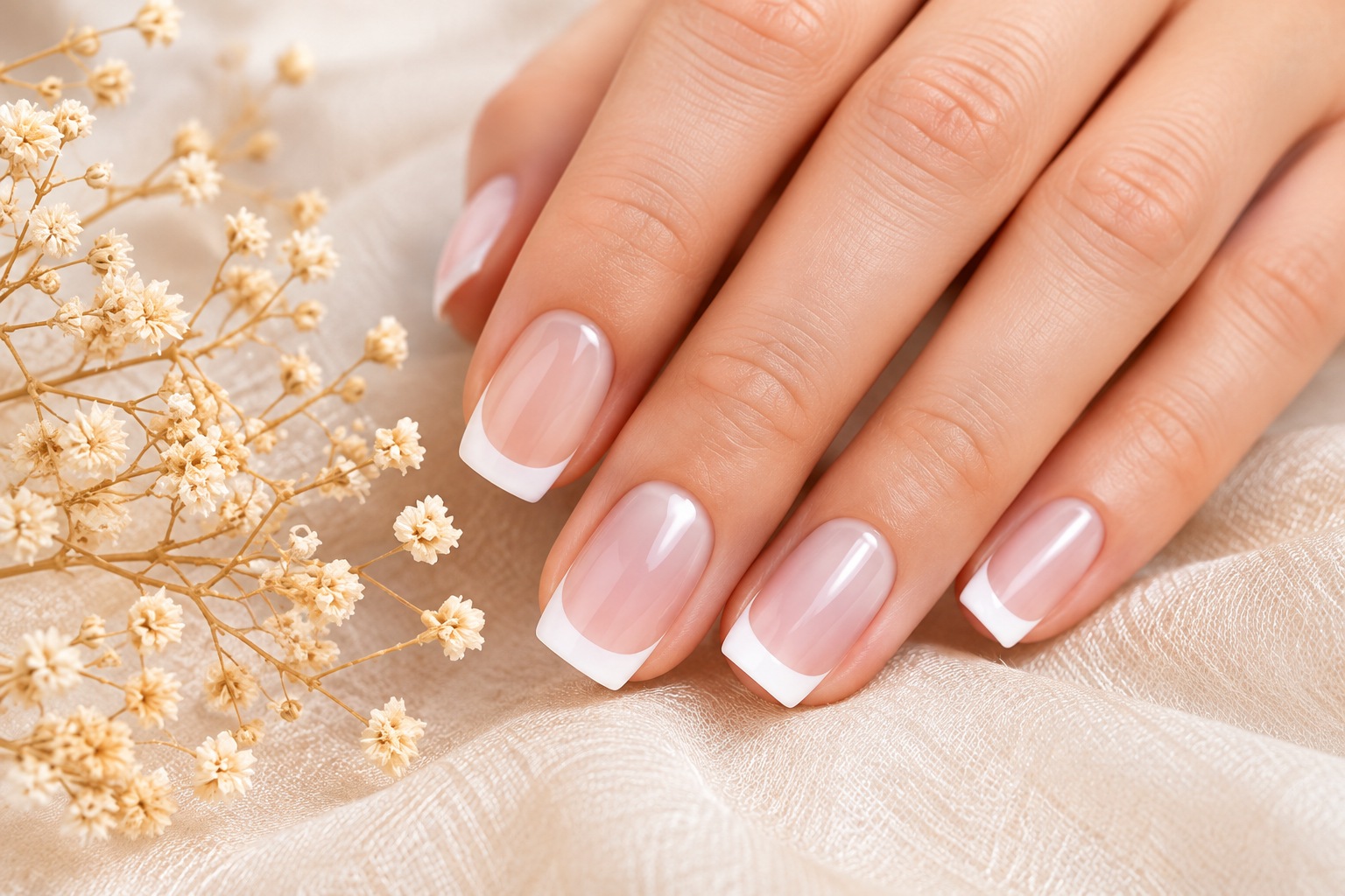 Elegant French Manicure with Dried Flowers