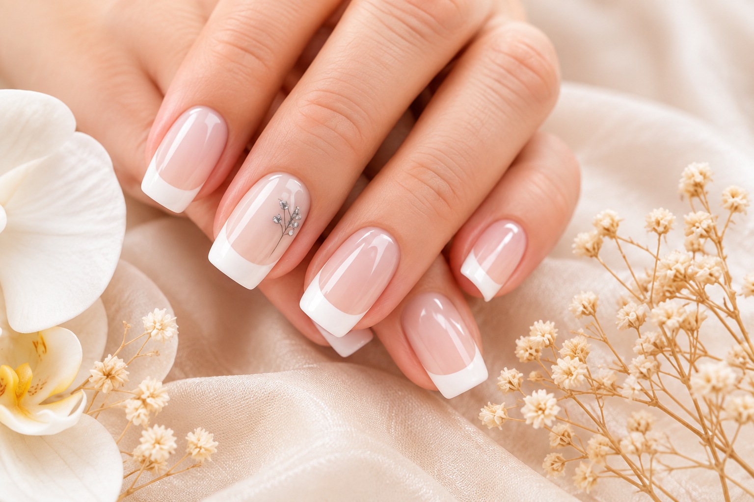 Elegant French Manicure with Floral Accents
